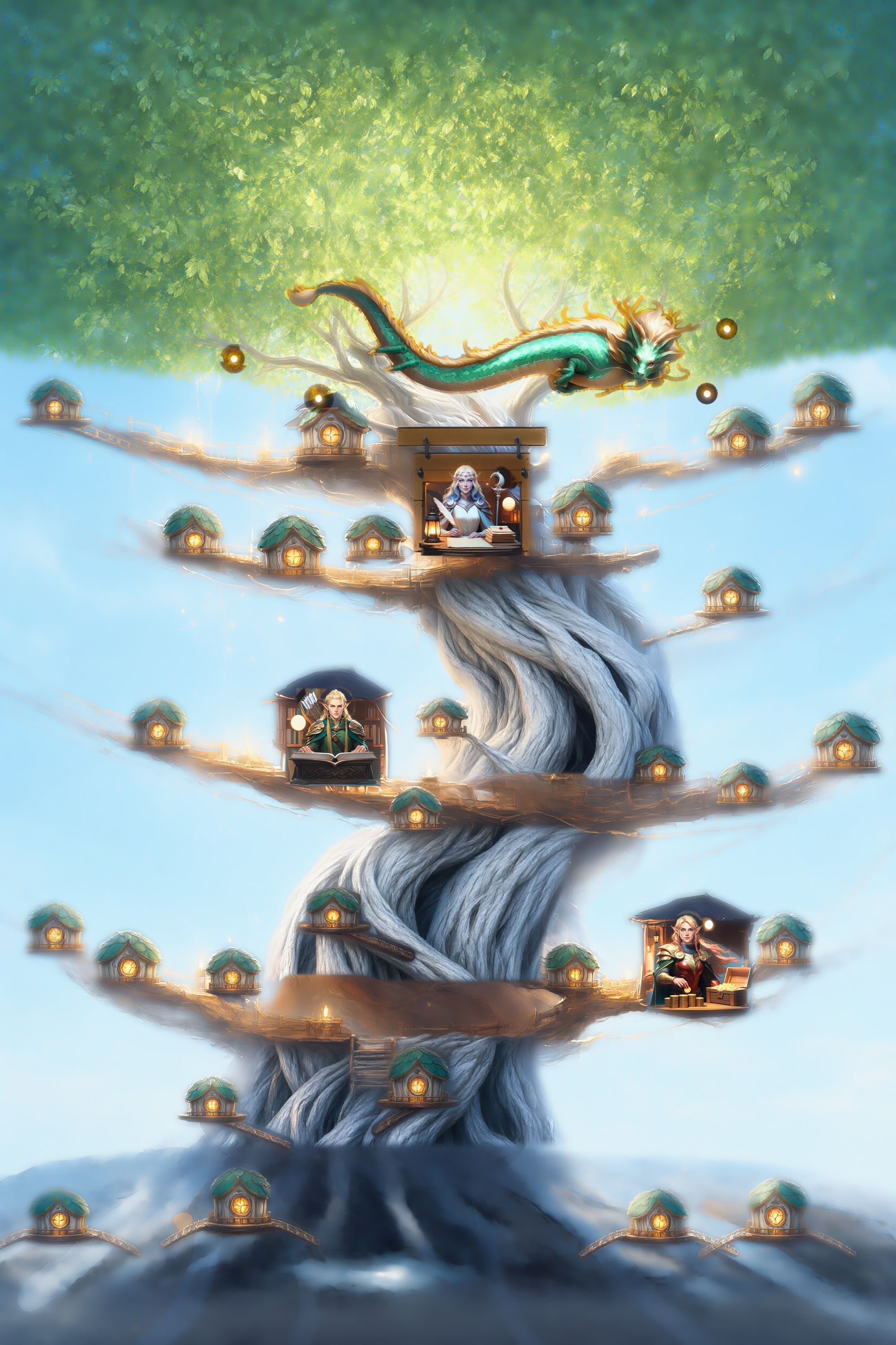A tall painting of the Enchanted Grove, an elven village built into one colossal tree. Its woven silver trunk bends as it climbs to the crown. The canopy is green by day and glows gold by night. Operalon, a jade sky-serpent, spirals around the great tree. High on the trunk, Assistriel writes letters in an open-fronted house. Its sign reads Paul Foley, L.L.C. Halfway down on the left, Legalus reads at a lectern in a library. Lower on the right, Ledgerwyn counts gold coins at a table in a treasury. Little round homes with lantern-lit windows cling to the tree's great branches, joined by rope bridges. At the bottom, the roots reach a small pool.